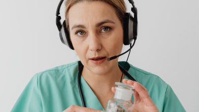 a female doctor holding a bottle with medicines