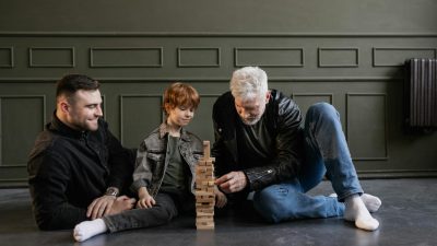 a family playing jenga