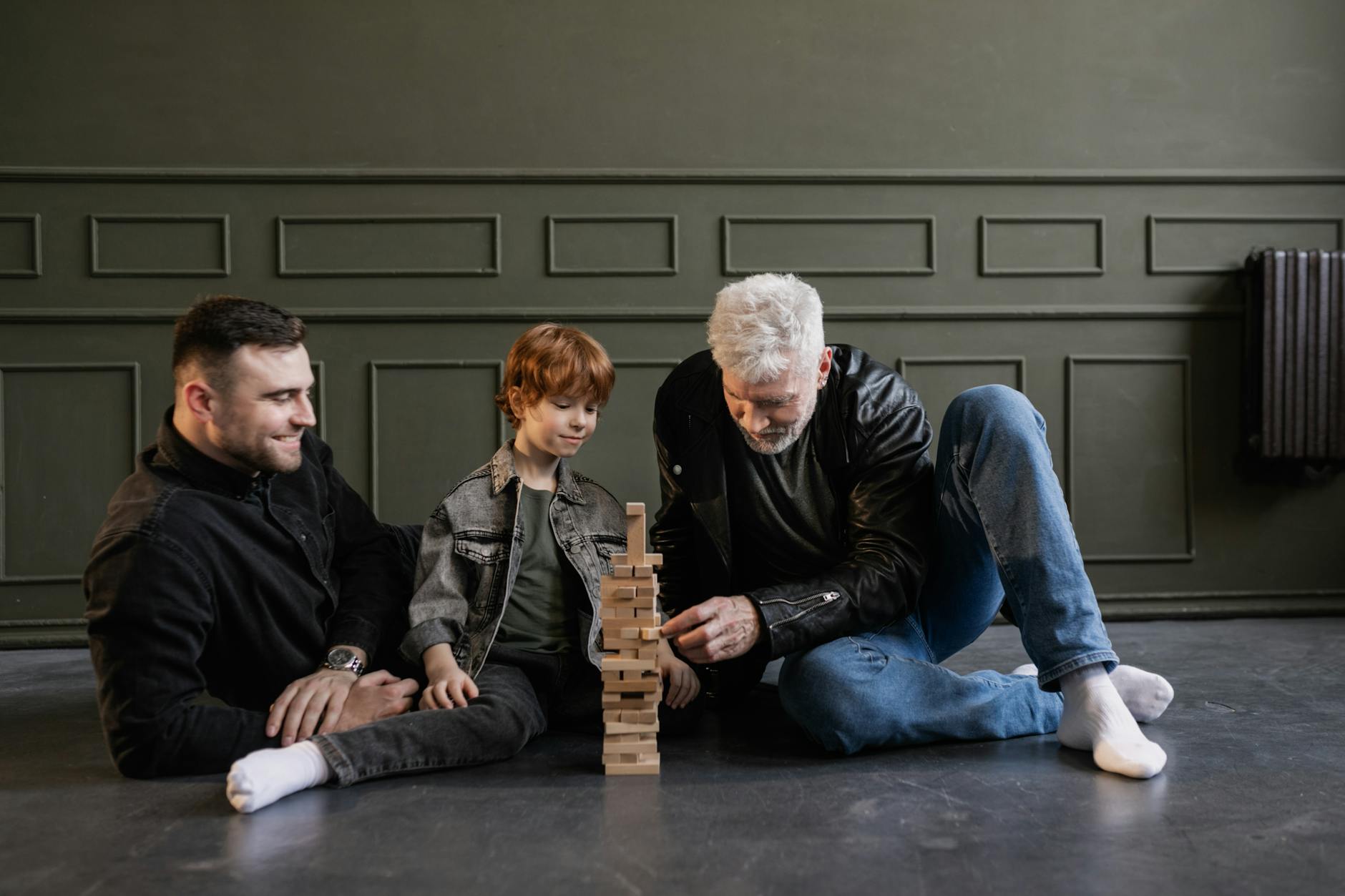 a family playing jenga