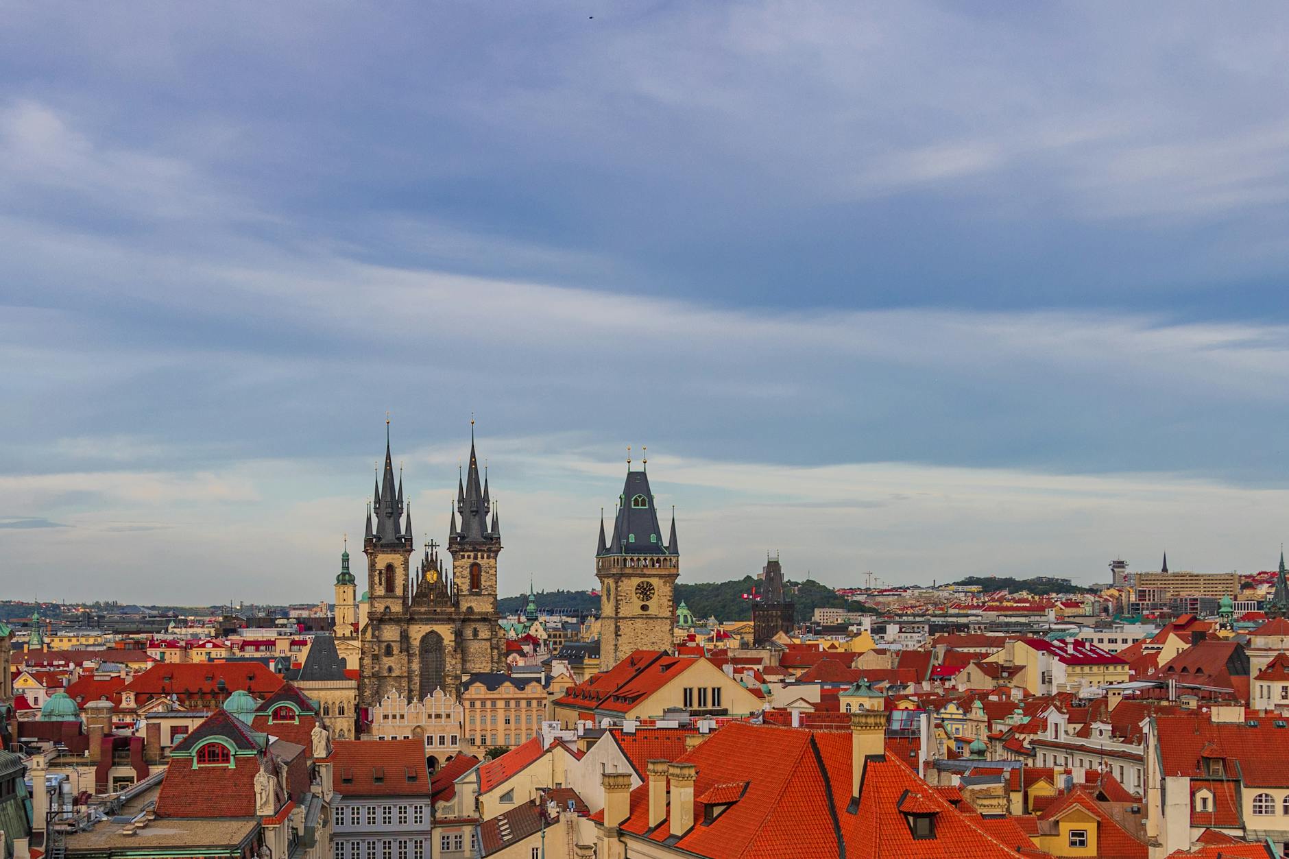 an aerial shot of the old town square in prague