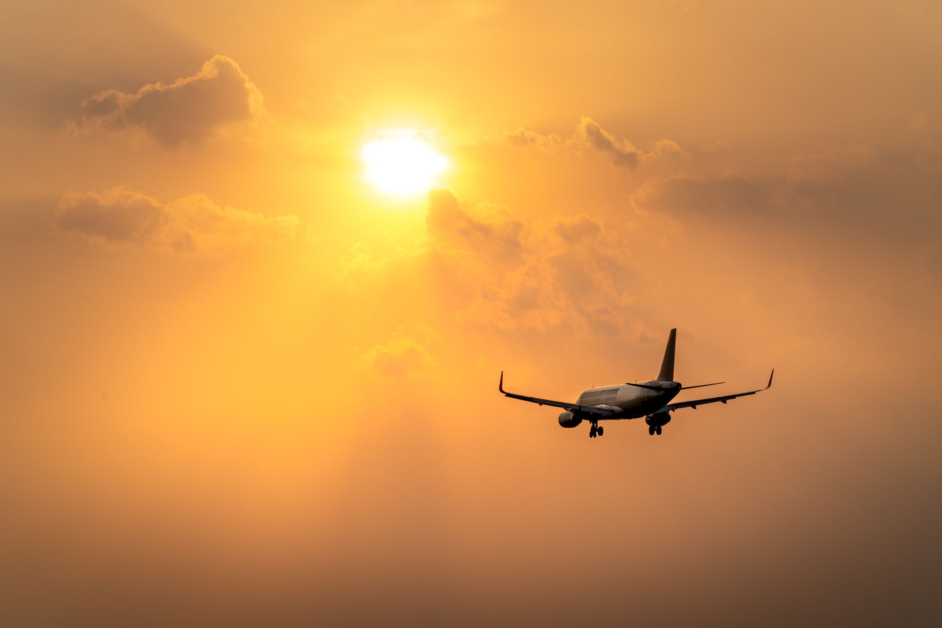 airplane flying under the bright sun